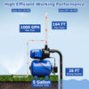 Garden water pump with 5-gallon tank, 1000 GPH flow, and 150 ft lift for efficient irrigation and draining tasks.