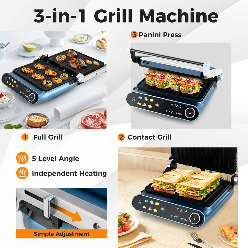 1200W panini press grill in blue with LED display, showcasing full grill and contact grill features for versatile.