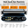 1200W blue panini press grill with LED display, 7 grilling modes, and adjustable temperature for versatile cooking.