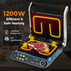 1200W Panini press grill in blue with LED display, 7 grilling modes, and 180° opening for versatile cooking.
