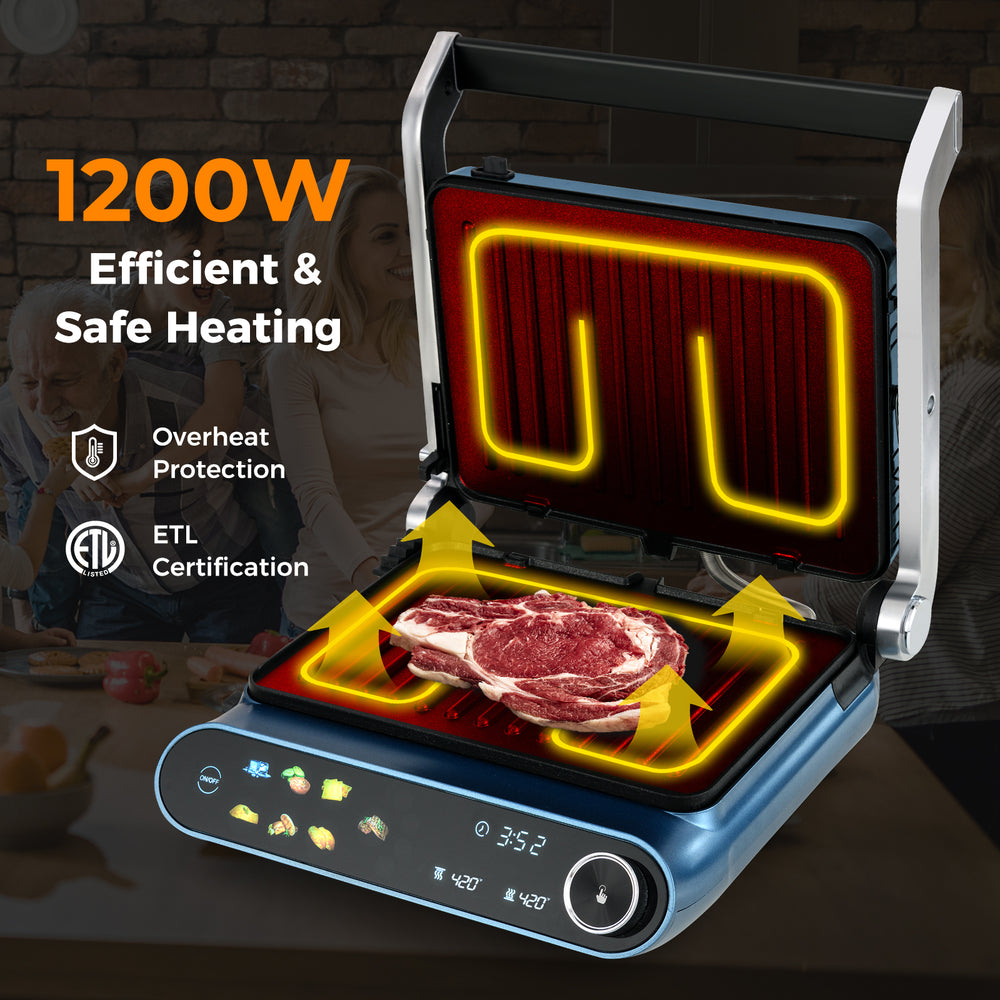 1200W Panini press grill in blue with LED display, 7 grilling modes, and 180° opening for versatile cooking.
