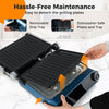 Panini press grill with removable dishwasher-safe plates, LED display, and 7 grilling modes for versatile cooking.
