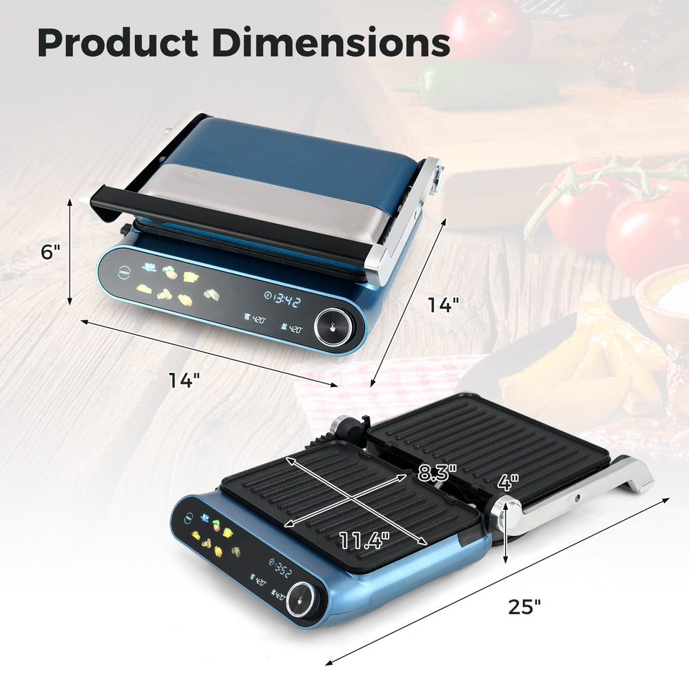 Product dimensions of the 1200W Panini Press Grill in blue, showcasing its 14" width and 6" height for optimal cooking.