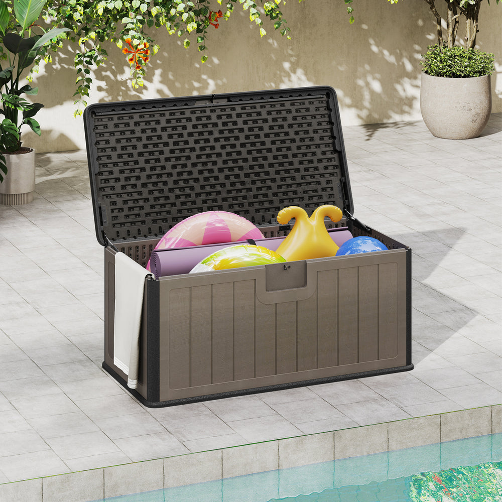 Large black and brown 100-gallon deck box with lockable lid, perfect for storing patio items and pool equipment.