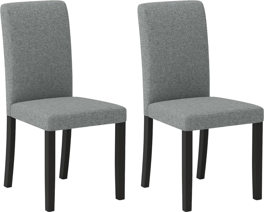 Set of 2 gray dining chairs with rubber wood legs, featuring thick cushions and ergonomic high backrests for comfort.