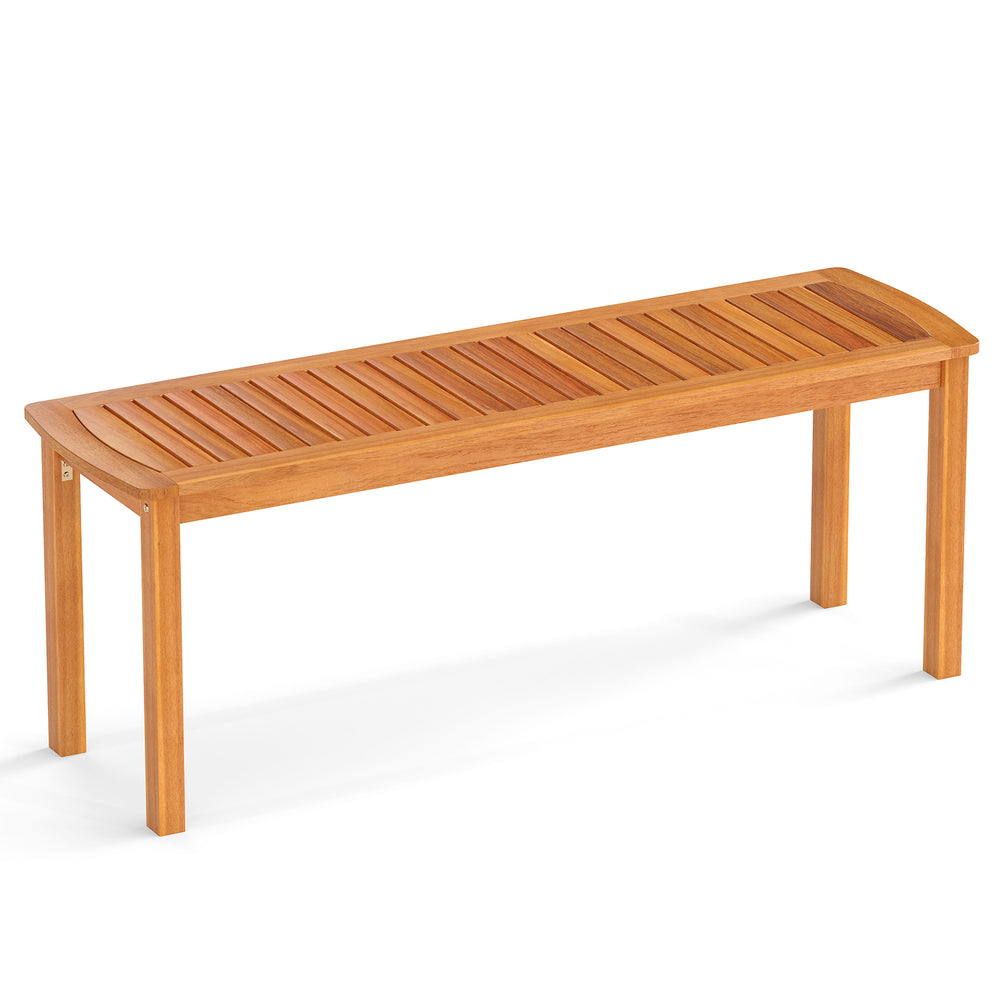Acacia wood outdoor bench with slatted seat, designed for garden use, comfortably seating 2 people with a smooth finish.