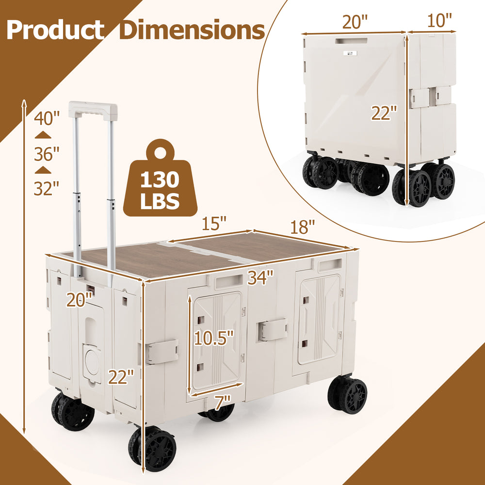 Large foldable utility cart in white with 2-tier storage crates, telescoping handle, and dimensions for versatile use.