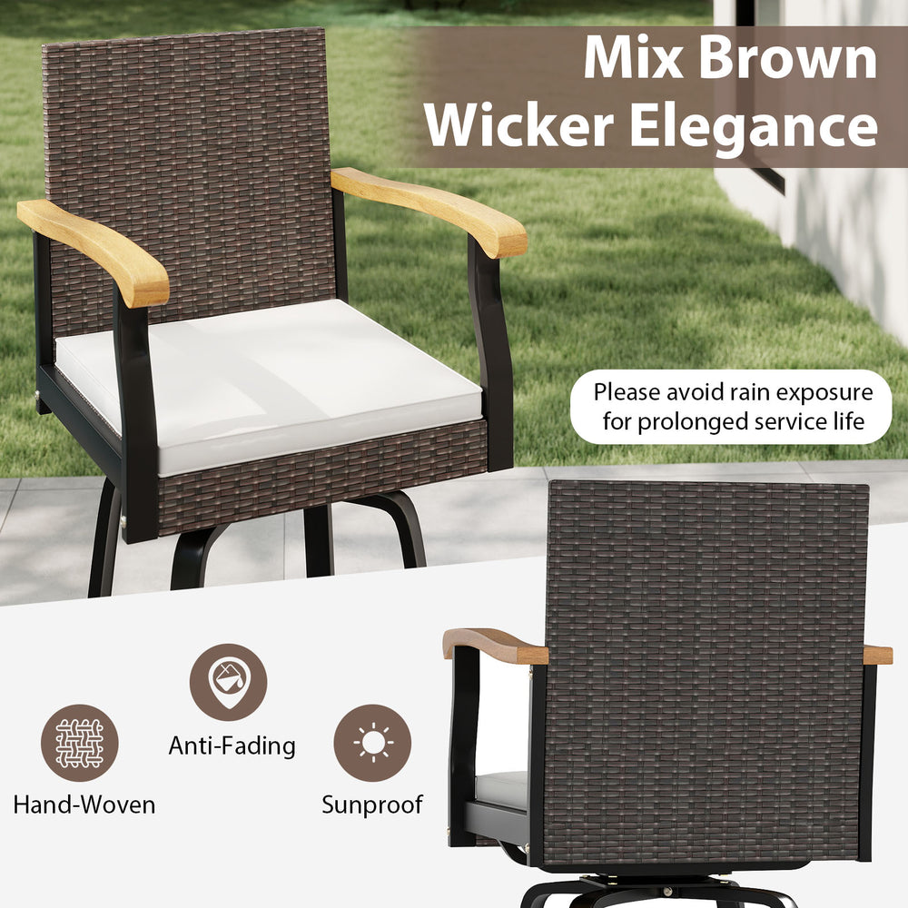 Mix brown PE rattan swivel bar stool with acacia wood armrests and soft cushion, ideal for outdoor use.