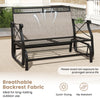 Outdoor 2-person glider rocking chair loveseat with breathable backrest fabric and thick cushions for patio relaxation.