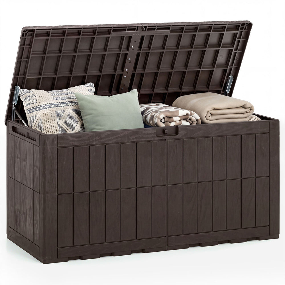 Brown 120 Gal outdoor deck box with lid, handles, and cushions, ideal for garden tools and extra seating.