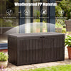 Brown 120 Gal outdoor deck box with lid, made of waterproof PP material, ideal for garden tools and seating.