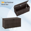 120 Gal brown outdoor deck box with lid, handles, and wicker texture for garden tools and seating for 3 people.