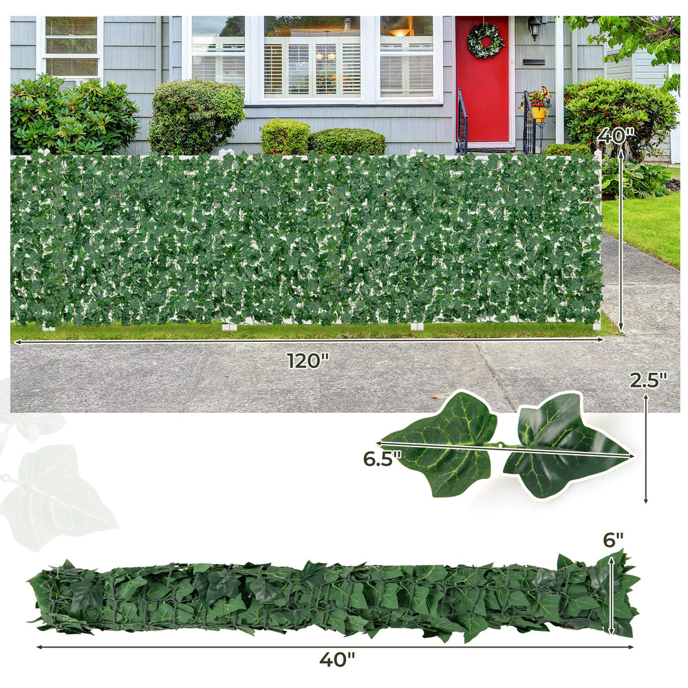 Artificial ivy privacy fence measuring 120 x 40 inches, featuring dense non-fading leaves for indoor and outdoor use.