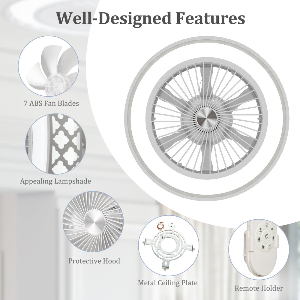 19-inch low-profile ceiling fan with light, featuring 7 ABS blades, appealing lampshade, and remote holder for.