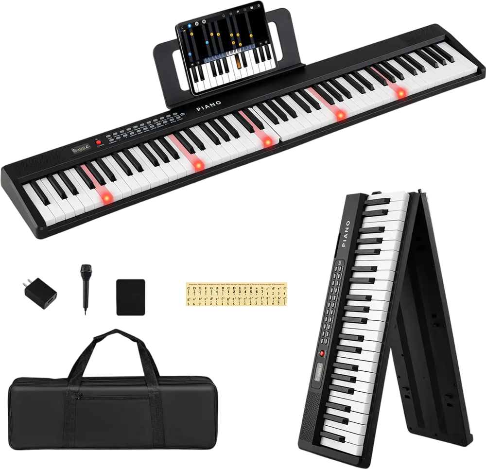 88-key foldable electric piano with semi-weighted keys, portable design, and included accessories for easy music.