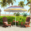 Colorful 6.5 feet beach umbrella with UPF50+ sun protection, set up beside two wooden chairs for seaside relaxation.