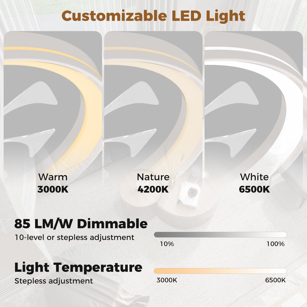 Customizable LED light options for the 19-inch ceiling fan, featuring warm, nature, and white settings for versatile.