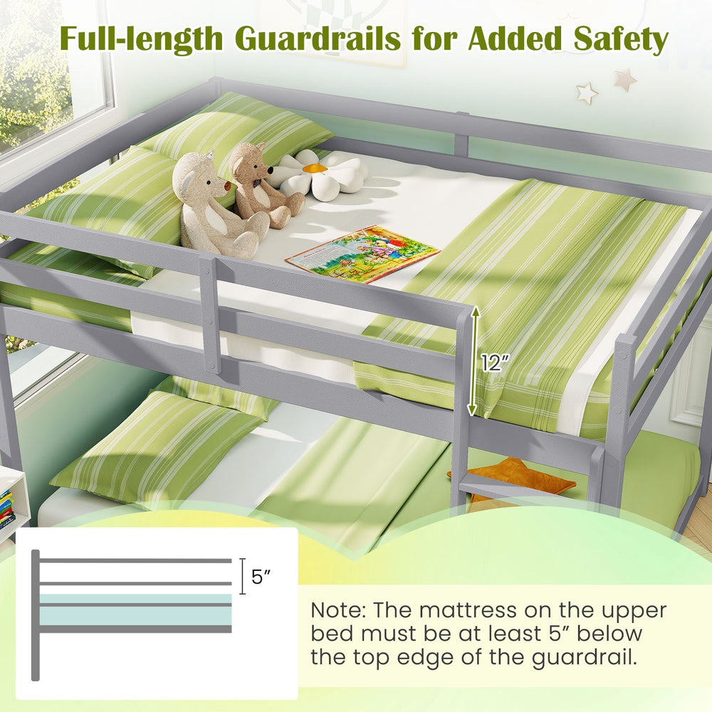 Full over full gray bunk bed with full-length guardrails and low height for easy access, ideal for kids' safety.