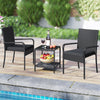 Black 3 piece patio furniture set with cushioned chairs and tempered glass tabletop, perfect for outdoor relaxation.