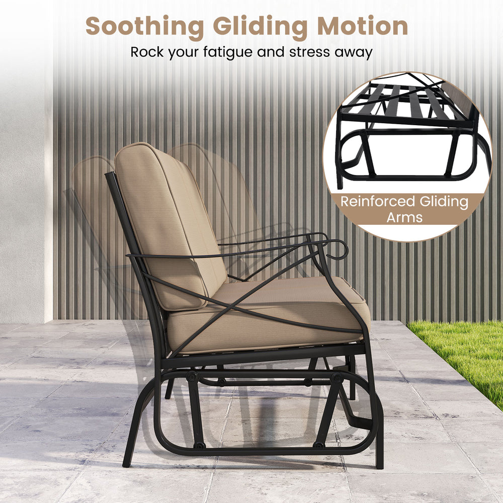 Outdoor 2-person glider rocking chair loveseat with thick cushions and metal frame, featuring a soothing gliding motion.