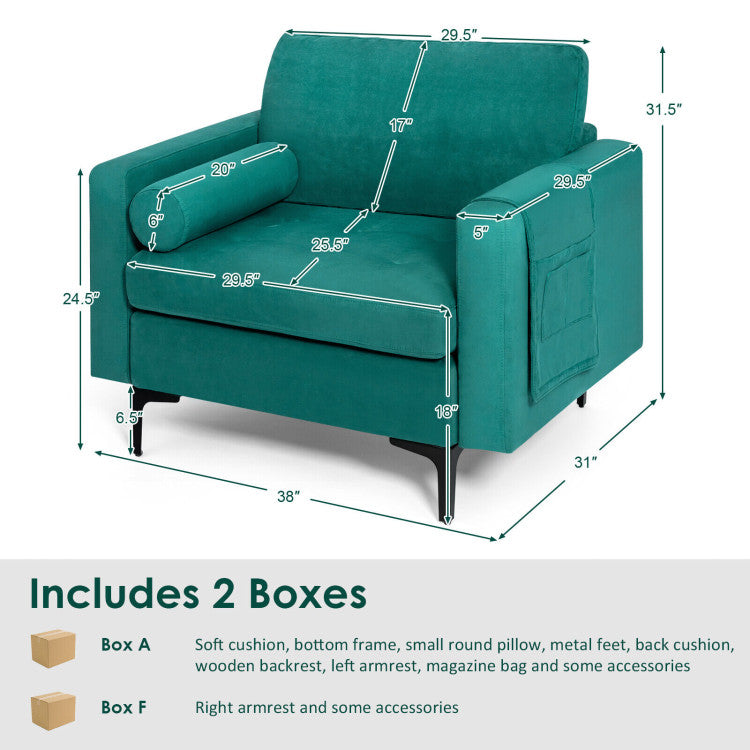 Modern accent chair in teal suede fabric with removable cushions and armrest storage, perfect for home relaxation.