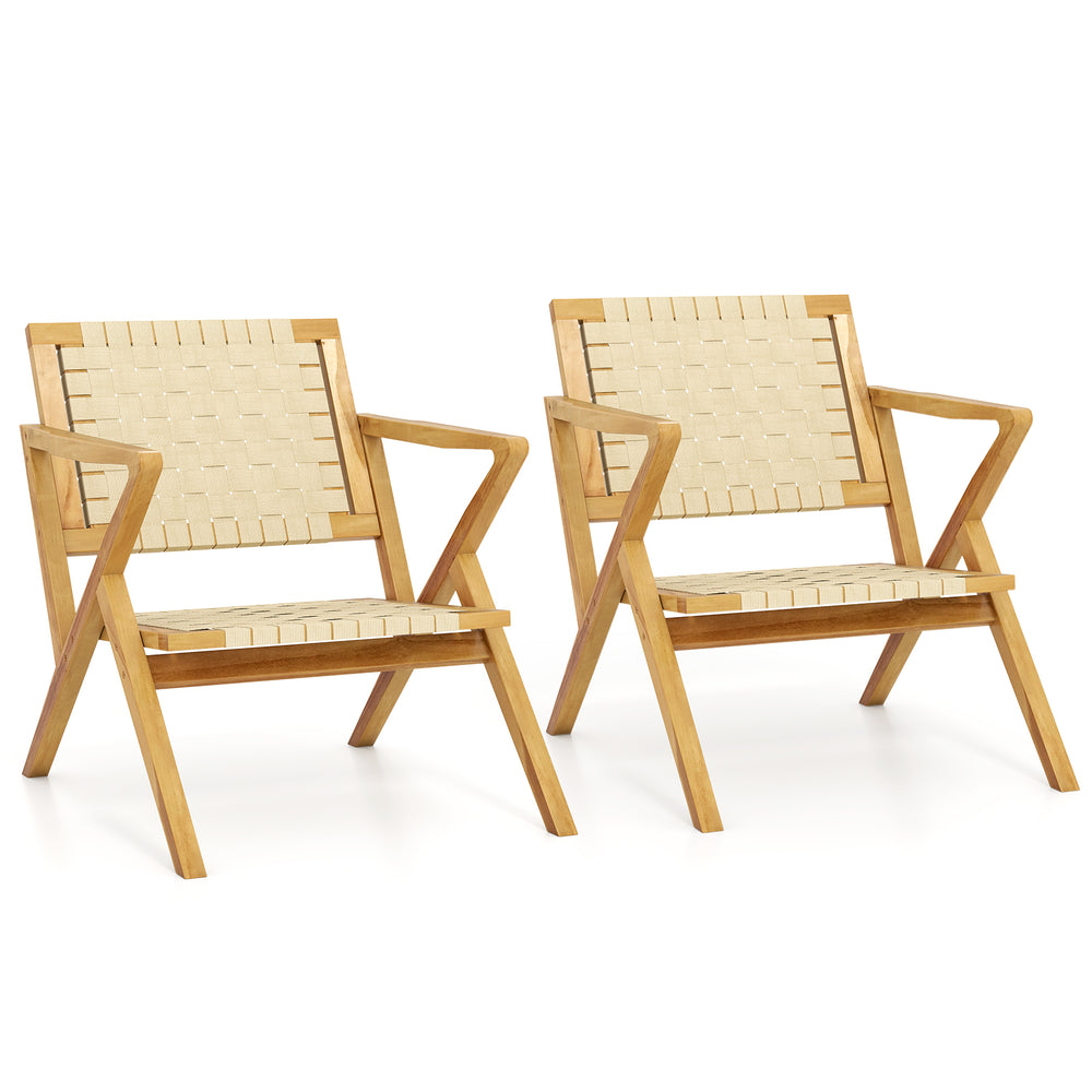 Natural teak wood patio chairs with webbing seats and slanted backrests, ideal for indoor or outdoor relaxation.
