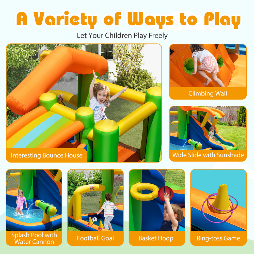 Inflatable bounce house water park featuring a climbing wall, slide, and splash pool for summer fun and active play.