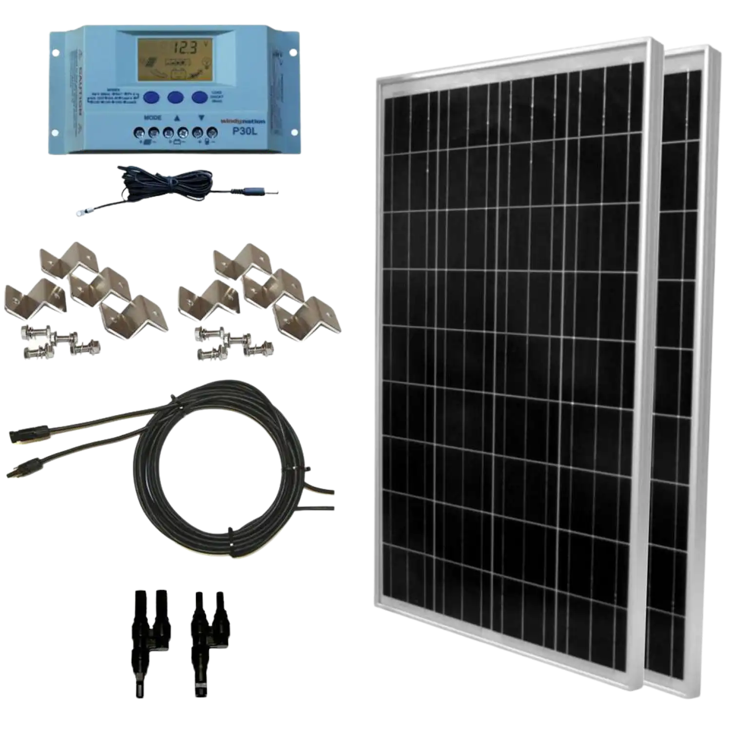 WindyNation SOK-200WP-P30L 200 Watt Solar Panel Kit With LCD Charge Controller New