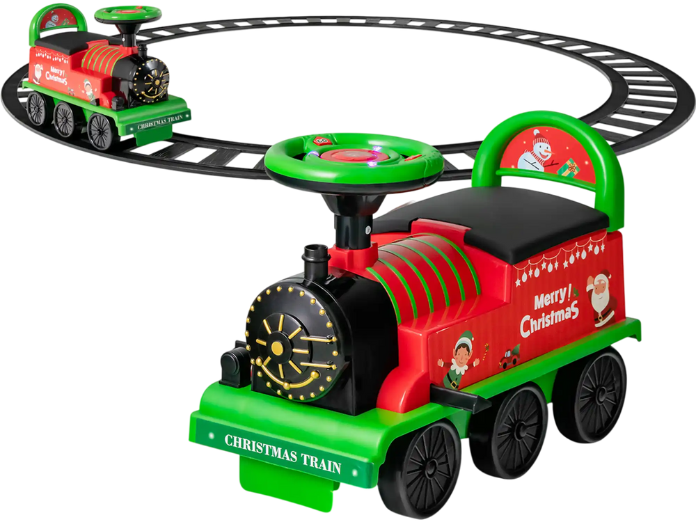 Electric kids ride-on toy train in green with 16-piece tracks, designed for safe indoor and outdoor fun.