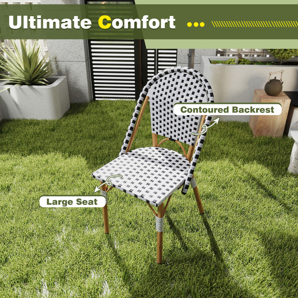Single dining chair with contoured backrest and large seat, crafted from woven rattan for outdoor comfort.