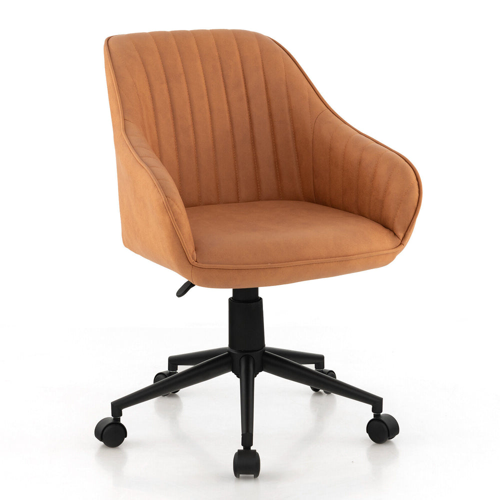 Tan swivel office chair with 360° rotation, adjustable height, and lumbar cushion for ergonomic comfort.