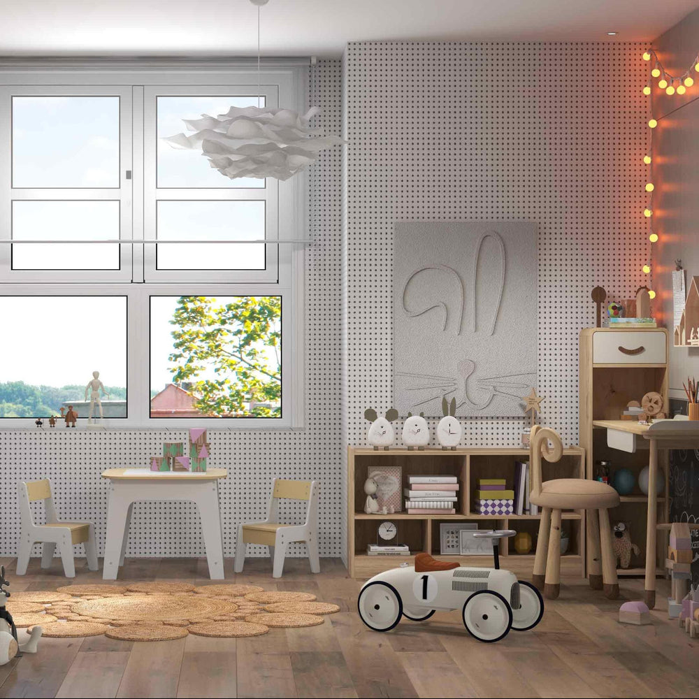 Kid's room featuring a wooden house bed, table and chairs set, and a 2-shelf bookcase for imaginative play and.