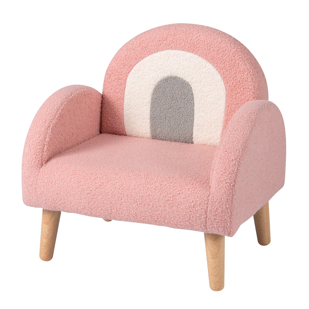 Kids armchair in pink with ergonomic backrest and armrests, covered in soft teddy fleece for comfort and support.