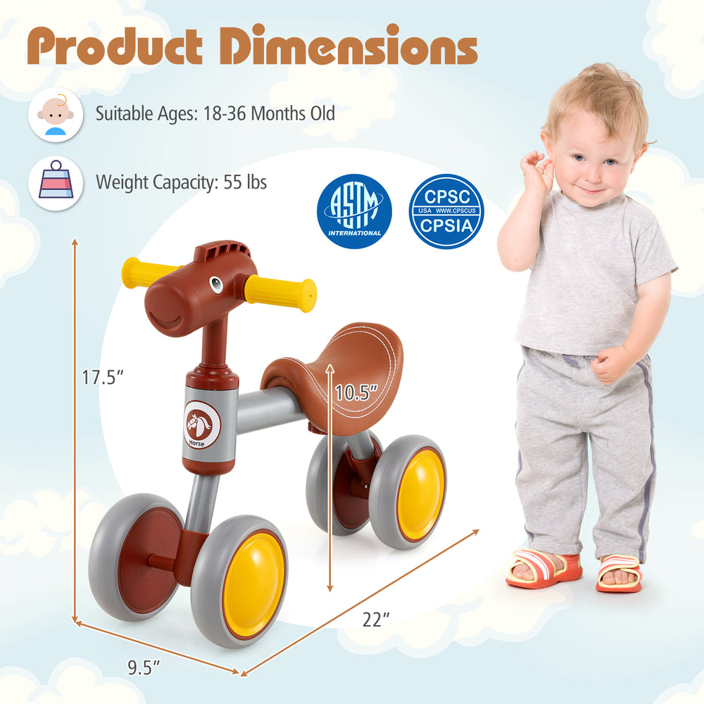 Baby balance bike with brown horse head design, 4-wheel stability, and EVA foam wheels for kids aged 18-36 months.
