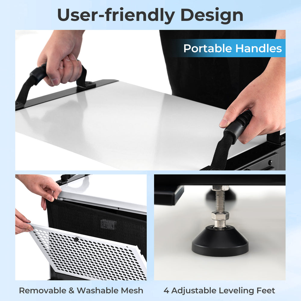 User-friendly design features include portable handles, adjustable leveling feet, and a removable washable mesh for.