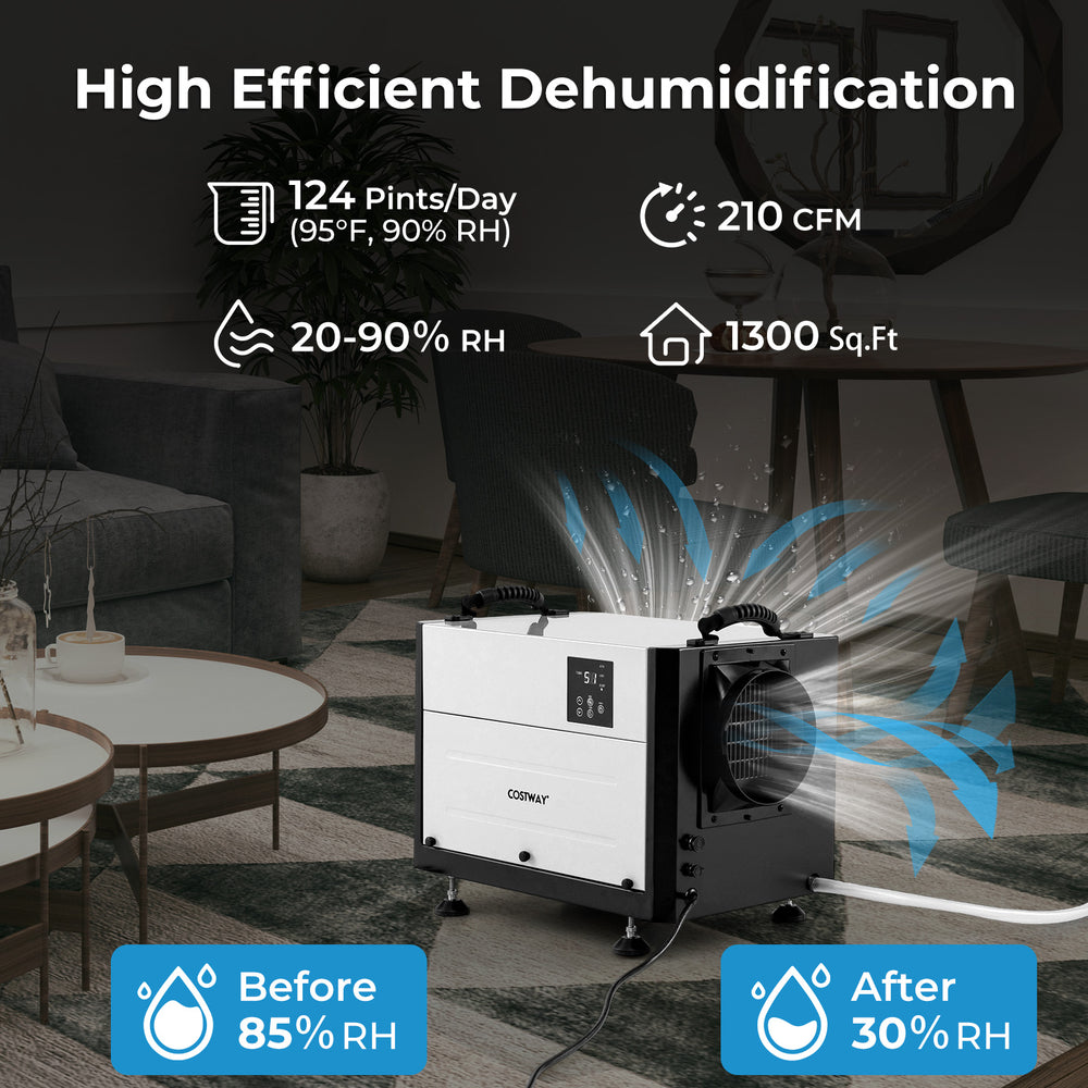 124 Pint Crawl Space Dehumidifier in white, featuring adjustable feet and control panel, ideal for spaces up to 1300.