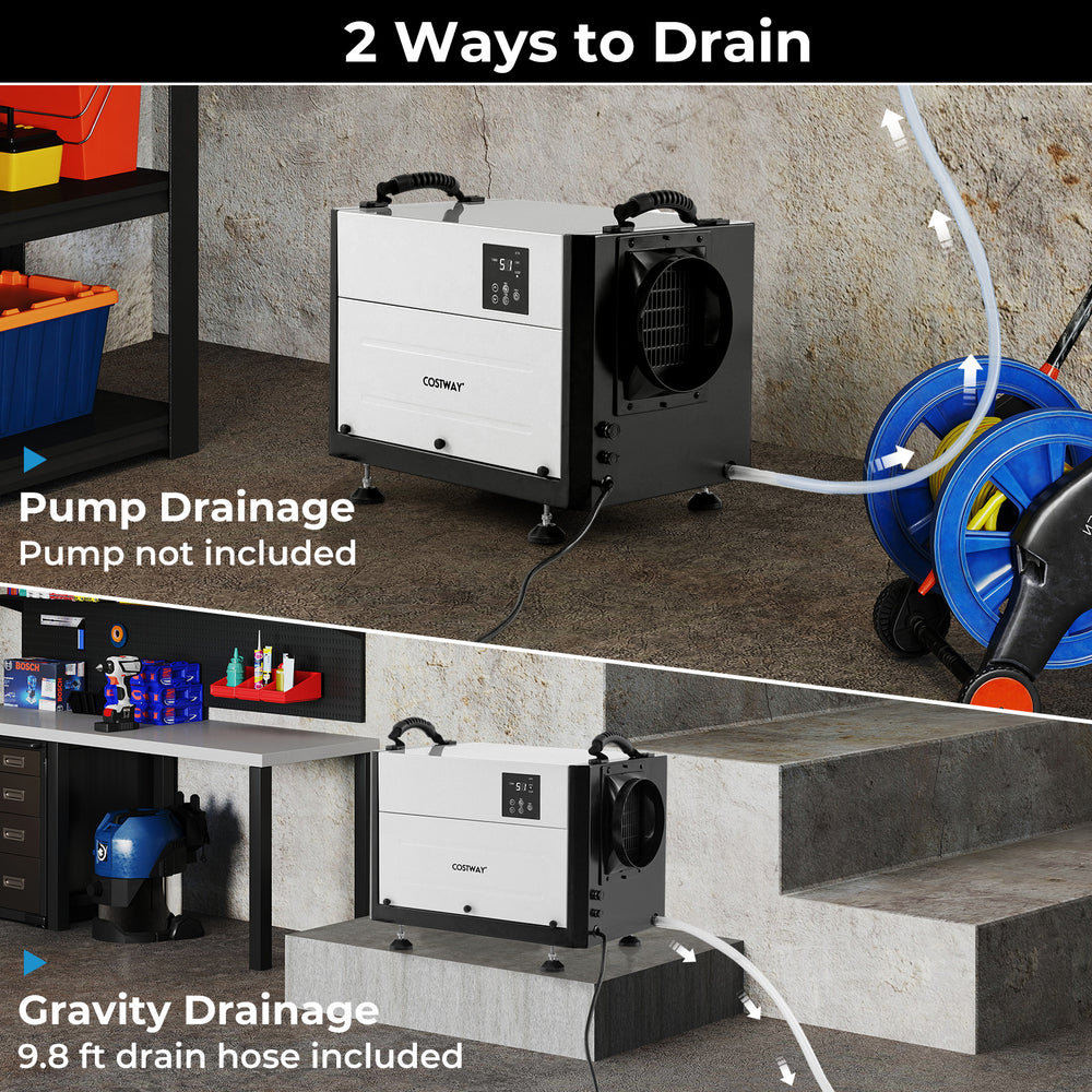Crawl space dehumidifier with gravity drainage option, showcasing 124 pints/day capacity for efficient moisture control.