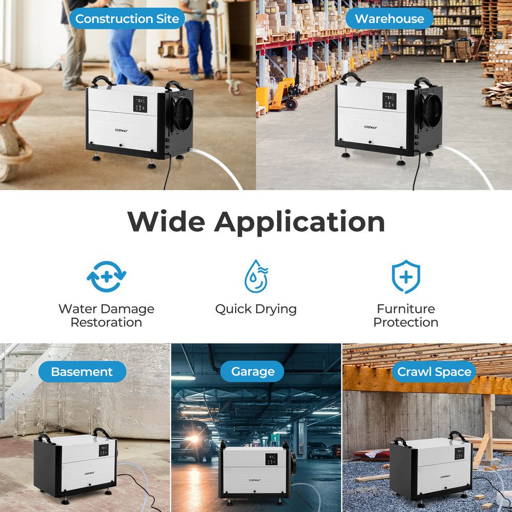 124 Pint dehumidifier in a warehouse, featuring 3 modes, 24H timer, and ideal for moisture control in large spaces.