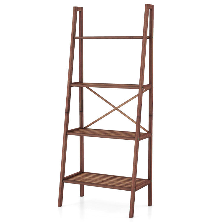 Bamboo ladder shelf with four tiers, perfect for laundry supplies and decorative items in compact spaces.