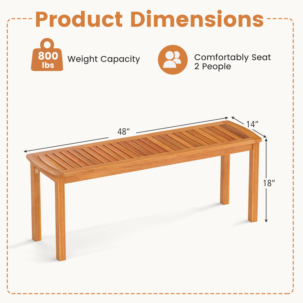 Acacia wood outdoor bench with slatted seat, 48" long, comfortably seats 2 people, ideal for garden use.