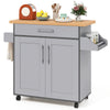Rolling kitchen island cart in gray with spacious countertop, adjustable cabinet shelves, and towel/spice racks for.