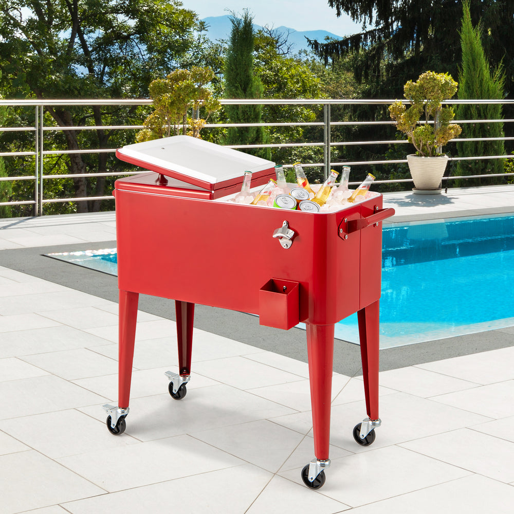 Red portable outdoor patio cooler cart with 80 quart capacity, wheels for mobility, and bottle opener for convenience.