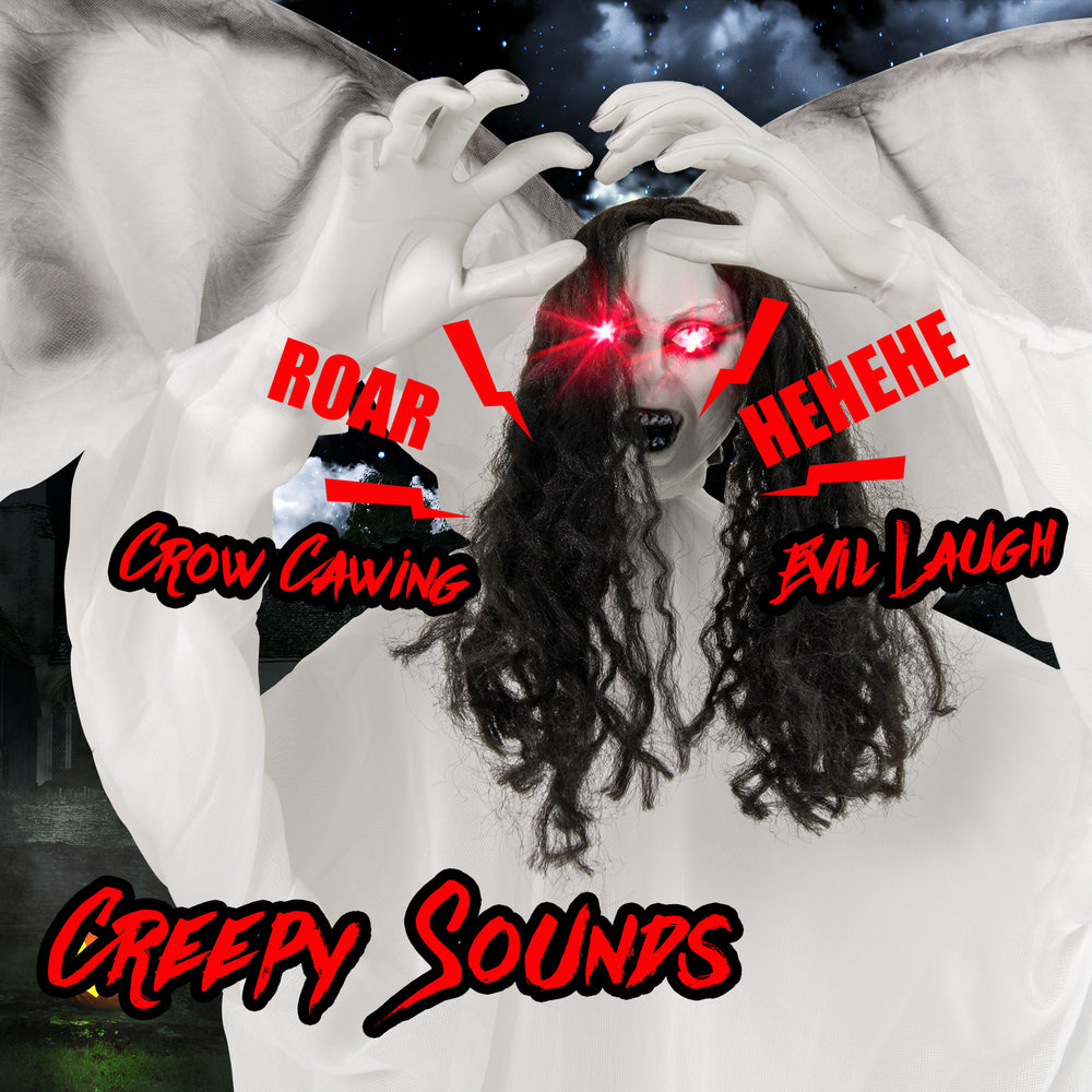 6.6 feet Halloween animatronic angel with light-up red eyes, creepy sounds, and flapping wings for spooky decor.