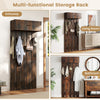 Rustic brown wall-mounted coat rack with upper storage and 5 hooks, ideal for entryways and living rooms.