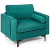 Teal modern accent chair with removable back pillow and bolster, made of suede fabric, ideal for living room or office.