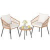 3 piece patio bistro set featuring hand-woven PE rattan chairs with beige cushions and a tempered glass top table for.
