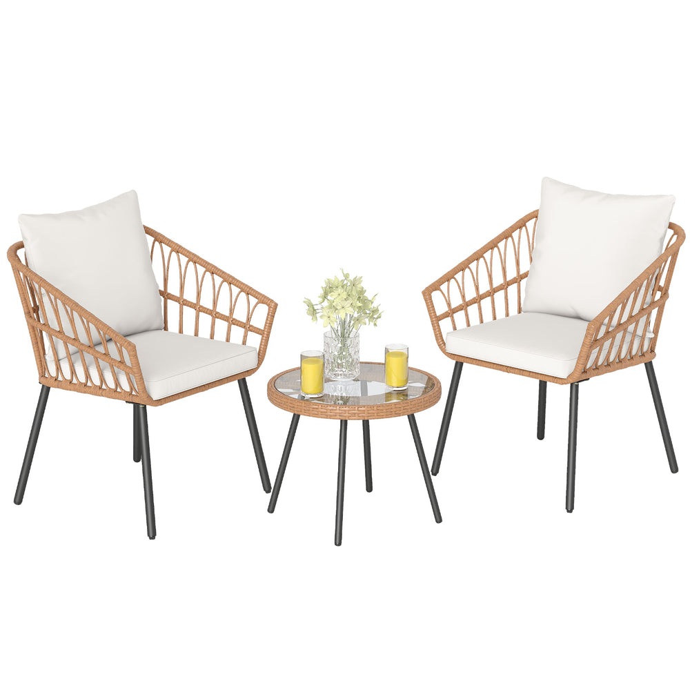 3 piece patio bistro set featuring hand-woven PE rattan chairs with beige cushions and a tempered glass top table for.