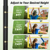 Adjustable volleyball net set showing height options for men's, coed, and women's play, ideal for outdoor games.