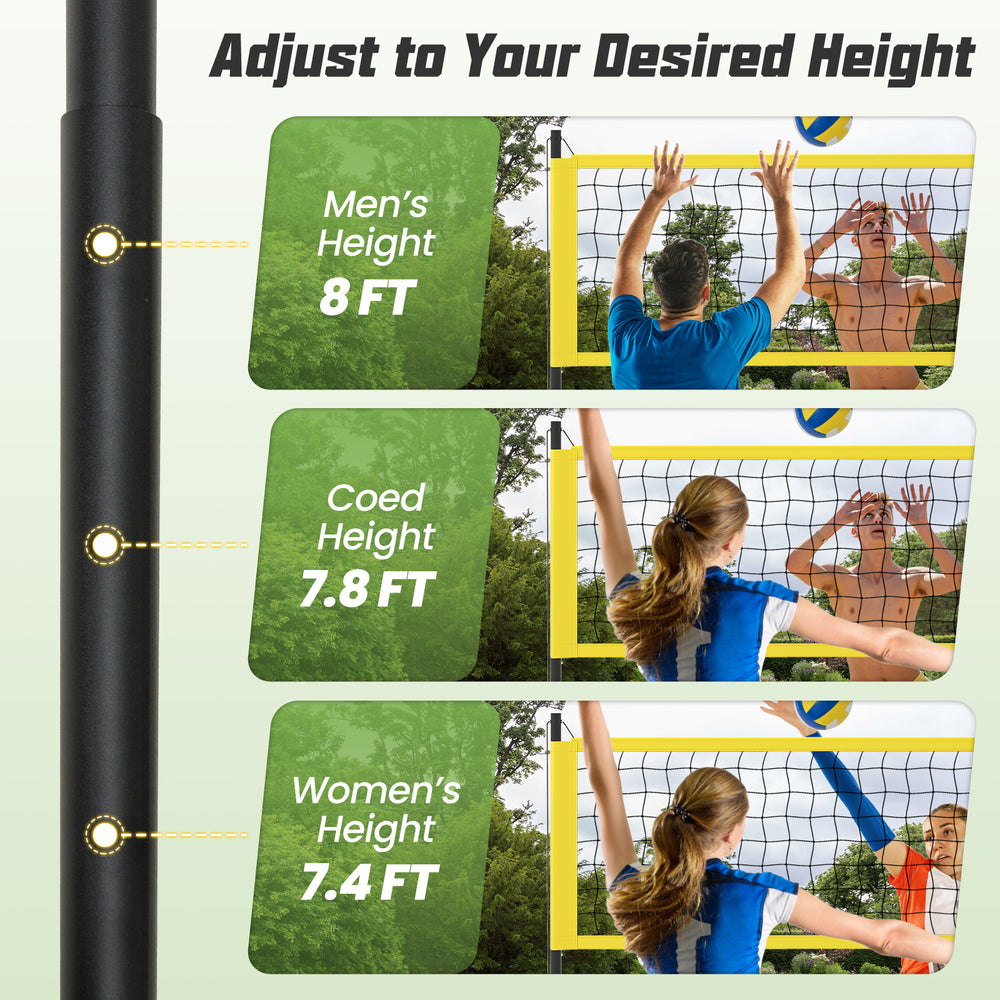 Adjustable volleyball net set showing height options for men's, coed, and women's play, ideal for outdoor games.