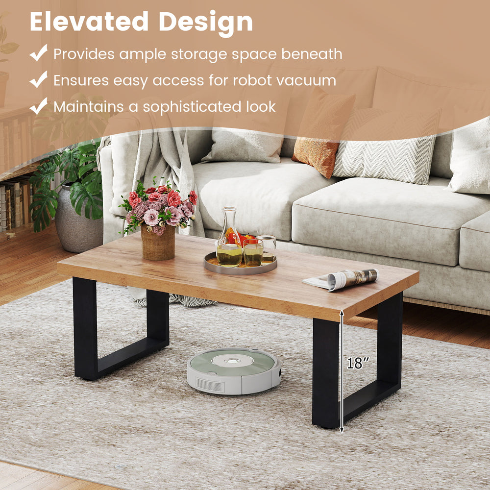 Rustic 47" coffee table with thickened oak tabletop and black metal legs, perfect for living room decor and snacks.